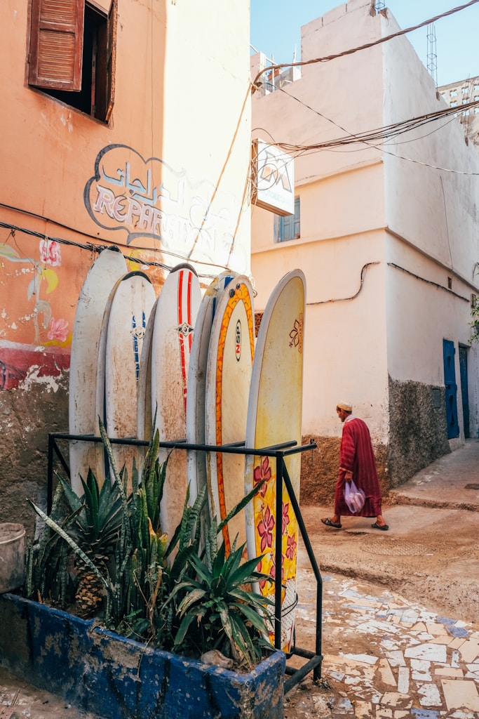 Surfboards outside a surf shop in Taghazout