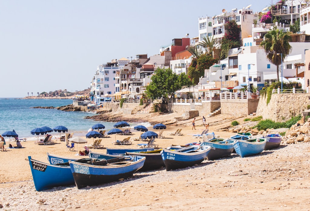 Fishing boats on the beach at Taghazout, Morocco